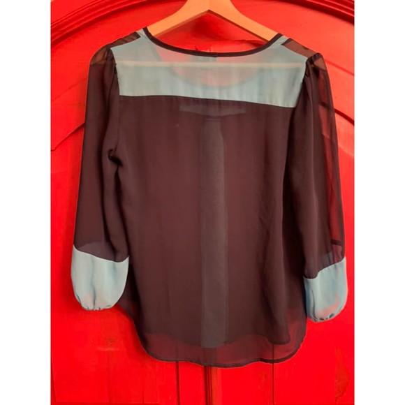 Lily White Gorgeous Color Blocked Turquoise Navy Sheer Blouse EUC CUTE Size S - Picture 2 of 2